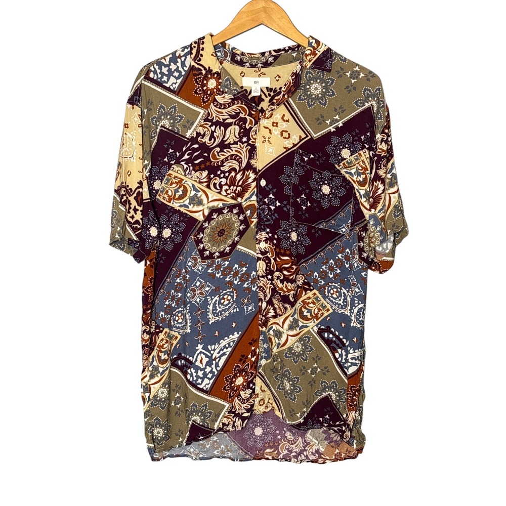BP Mens Medium Patchwork Bandana Paisley Print Viscose Short Sleeve Shirt Multi